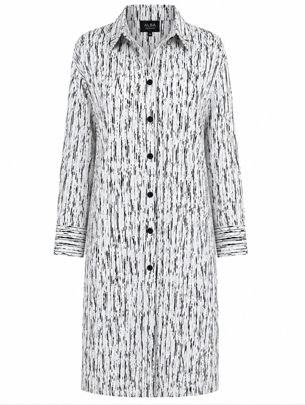 ALBA | Modern Black White‎ Abstract Lagenlook Button Down Midi Shirt Dress | 14